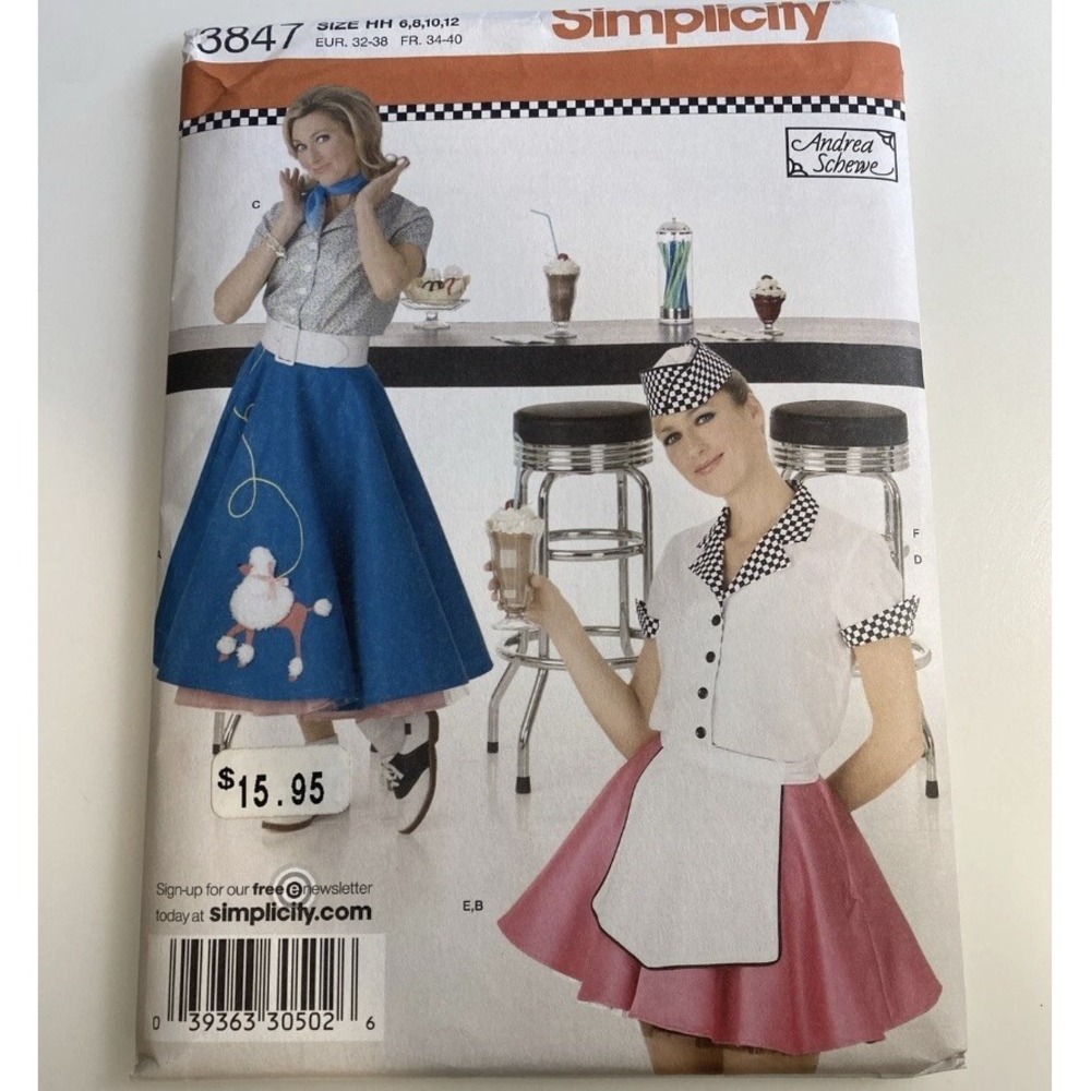 Simplicity 3847 Poodle Skirt Top Costume Sewing Pattern Misses HH 6-12 Uncut
